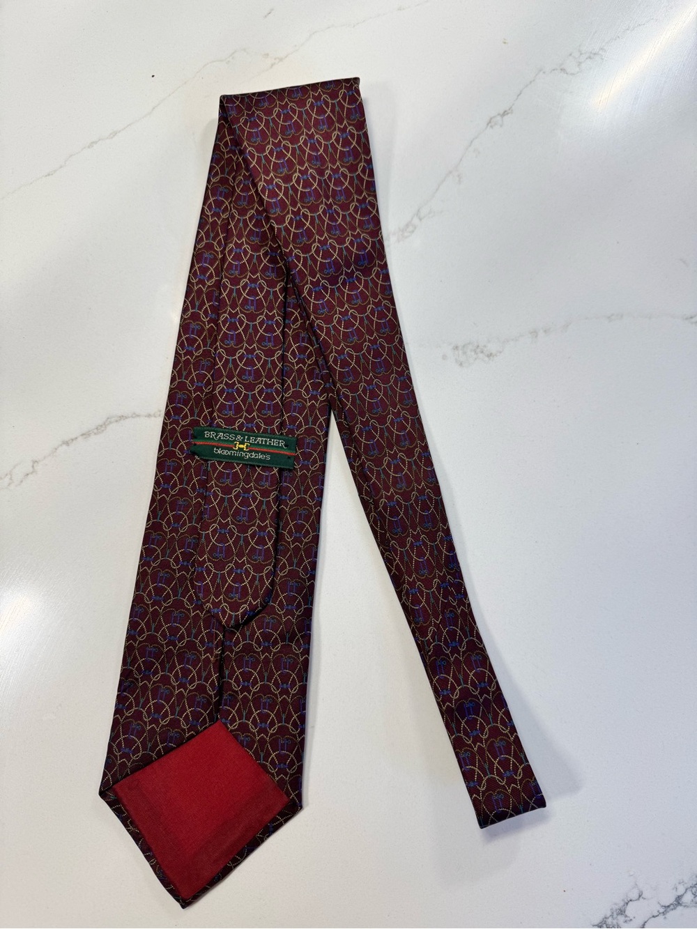 Gucci Maroon Silk Tie with Blue and Gold Pattern